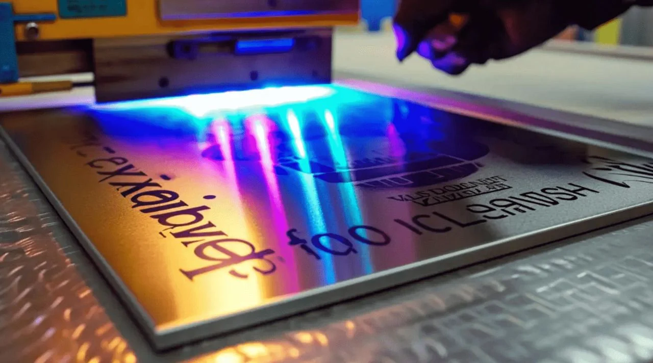 A UV LED lamp curing ink on a rigid printed panel